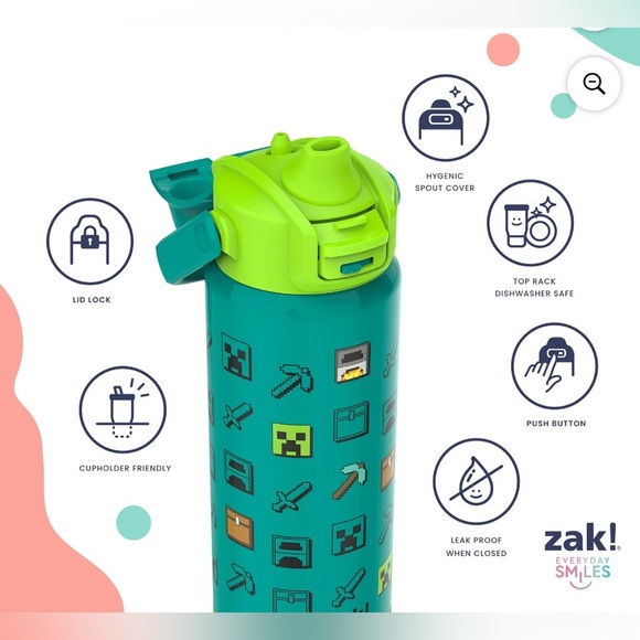 Minecraft Zak Designs 20oz Kids Straw Water Bottle, Stainless Steel Vacuum - Picture 4 of 10